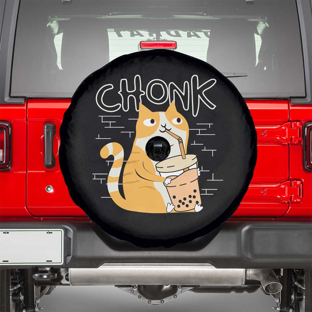 Funny Fat Cat Spare Tire Cover Chonk Drinking Bubble Tea