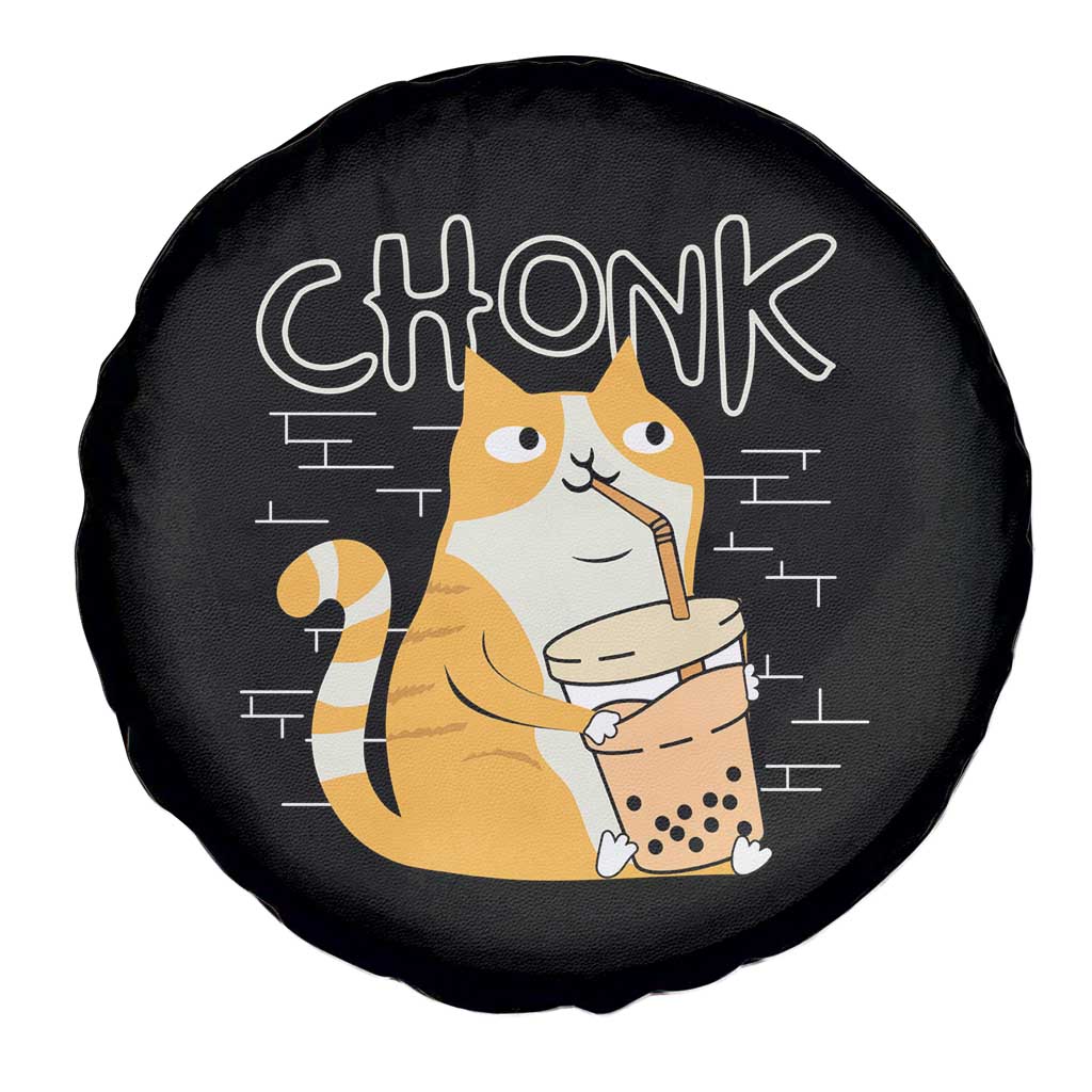 Funny Fat Cat Spare Tire Cover Chonk Drinking Bubble Tea