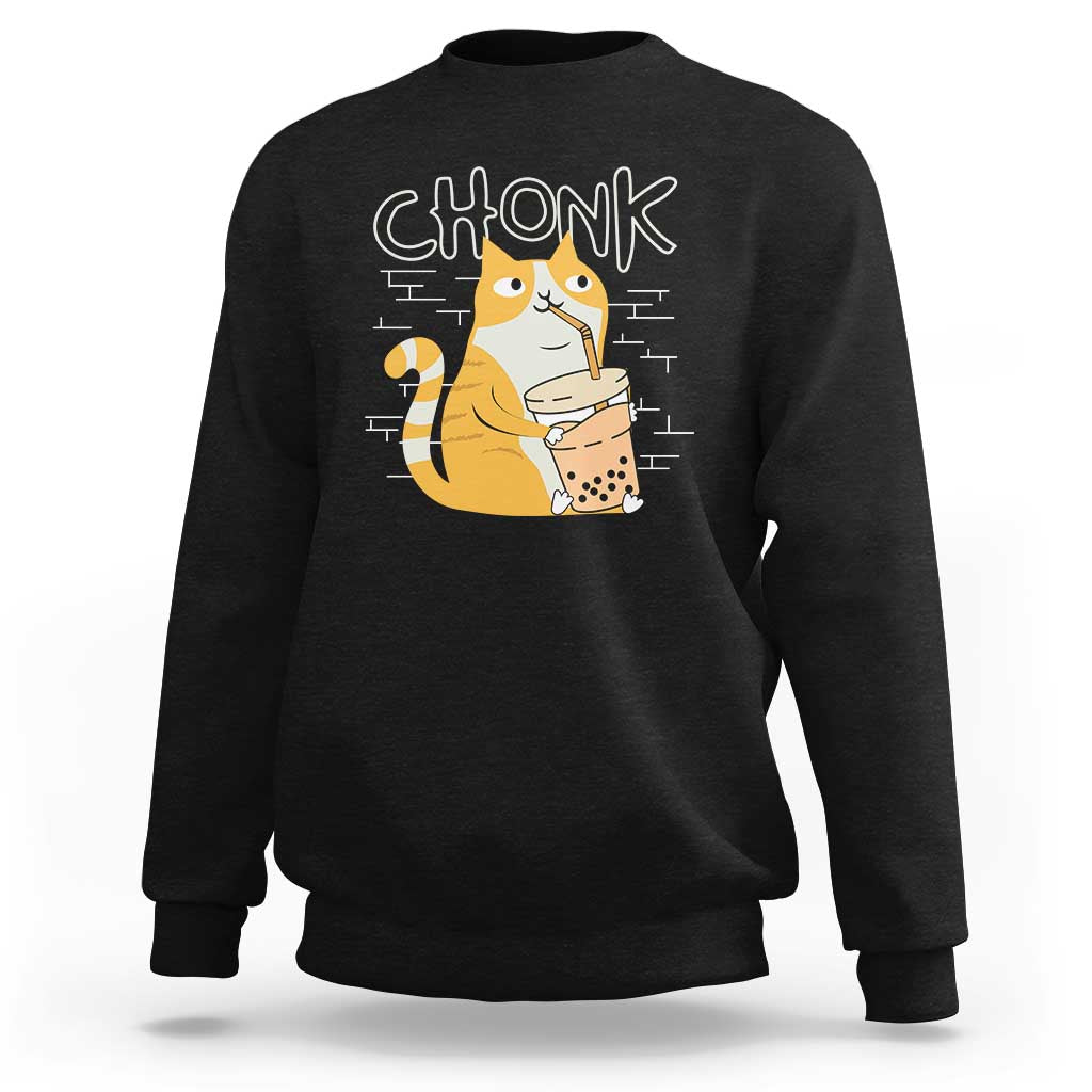 Funny Fat Cat Sweatshirt Chonk Drinking Bubble Tea - Wonder Print Shop