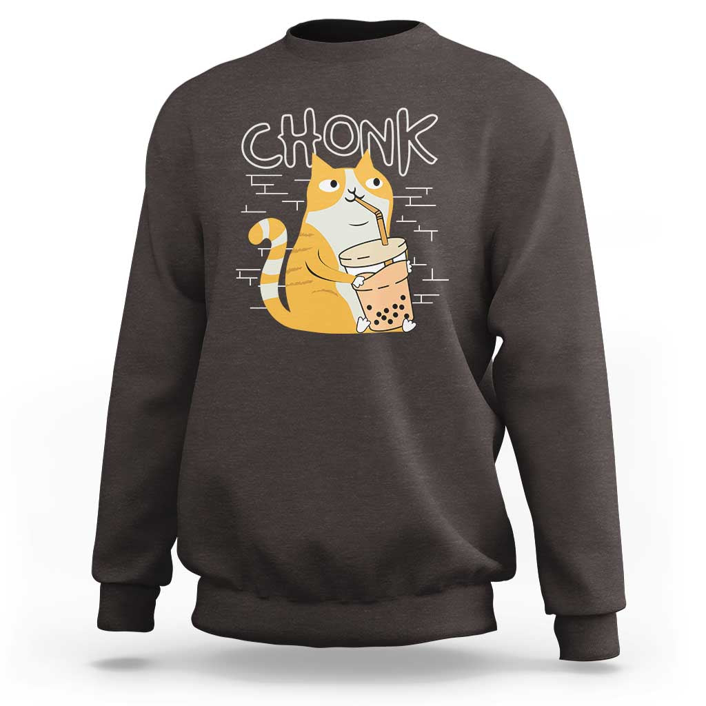 Funny Fat Cat Sweatshirt Chonk Drinking Bubble Tea - Wonder Print Shop