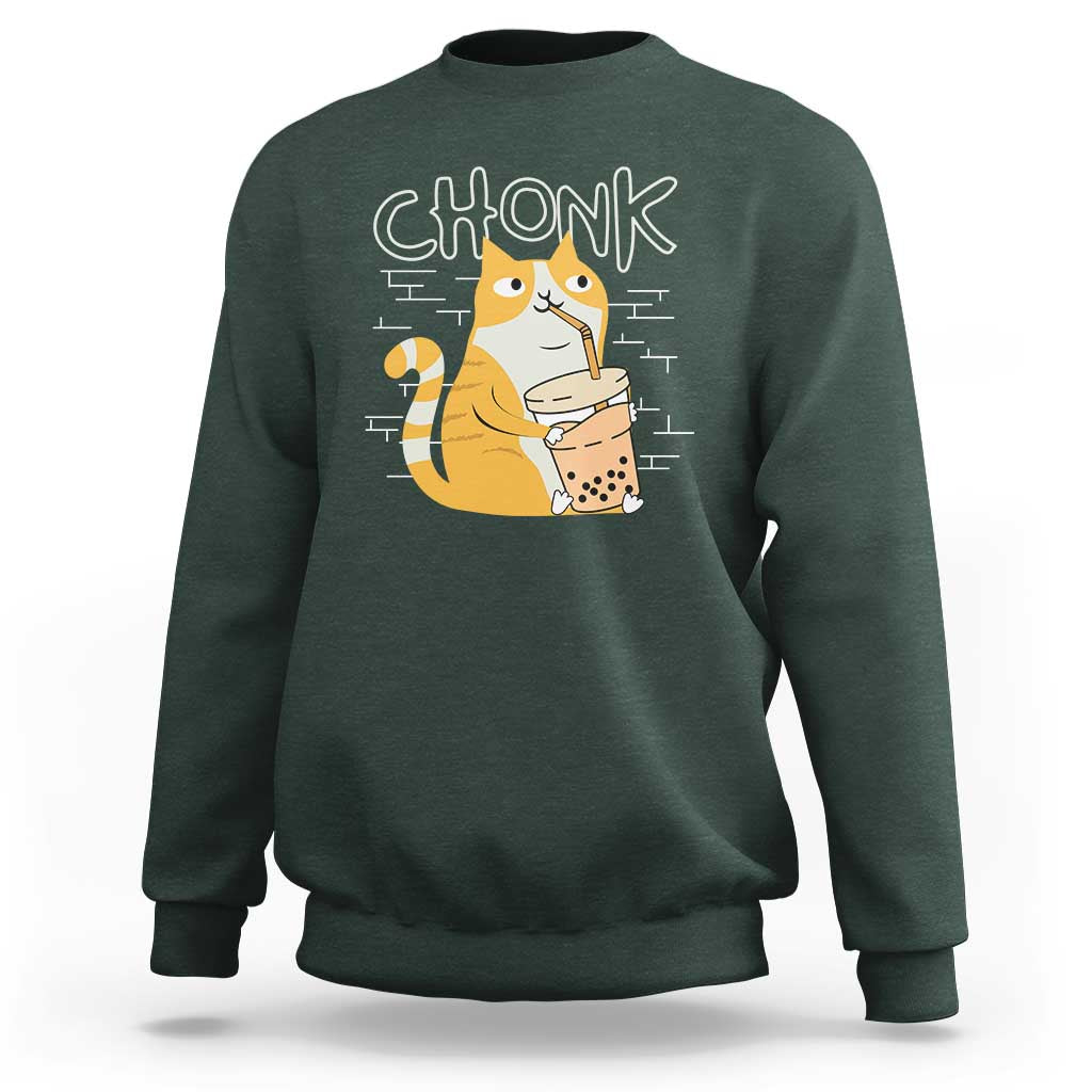 Funny Fat Cat Sweatshirt Chonk Drinking Bubble Tea - Wonder Print Shop