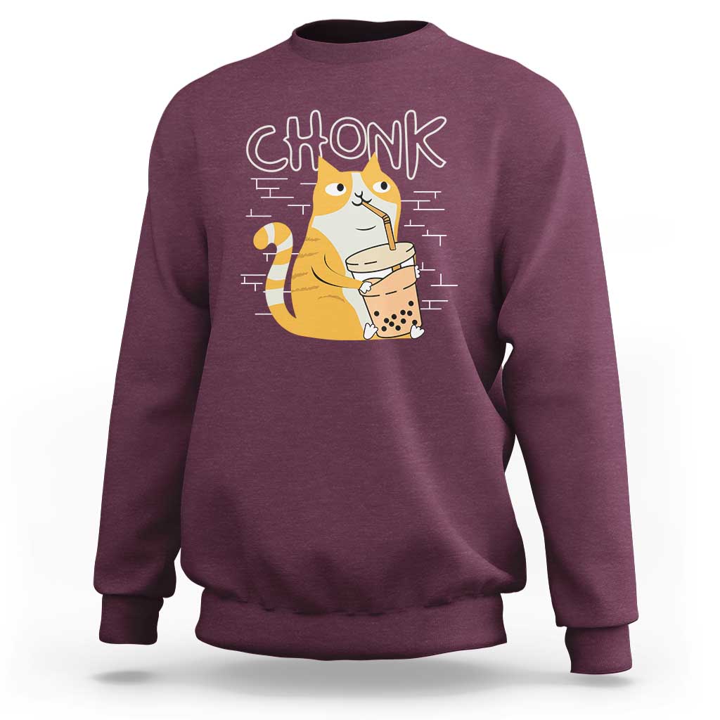 Funny Fat Cat Sweatshirt Chonk Drinking Bubble Tea - Wonder Print Shop