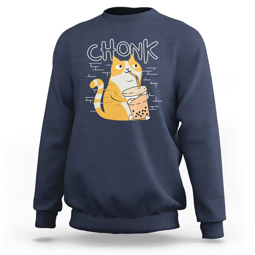Funny Fat Cat Sweatshirt Chonk Drinking Bubble Tea - Wonder Print Shop