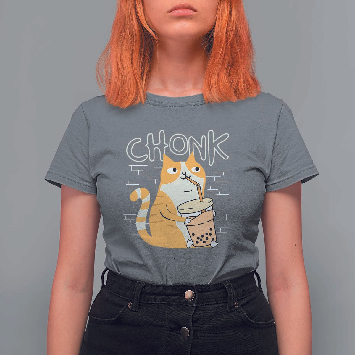Funny Fat Cat T Shirt For Women Chonk Drinking Bubble Tea - Wonder Print Shop