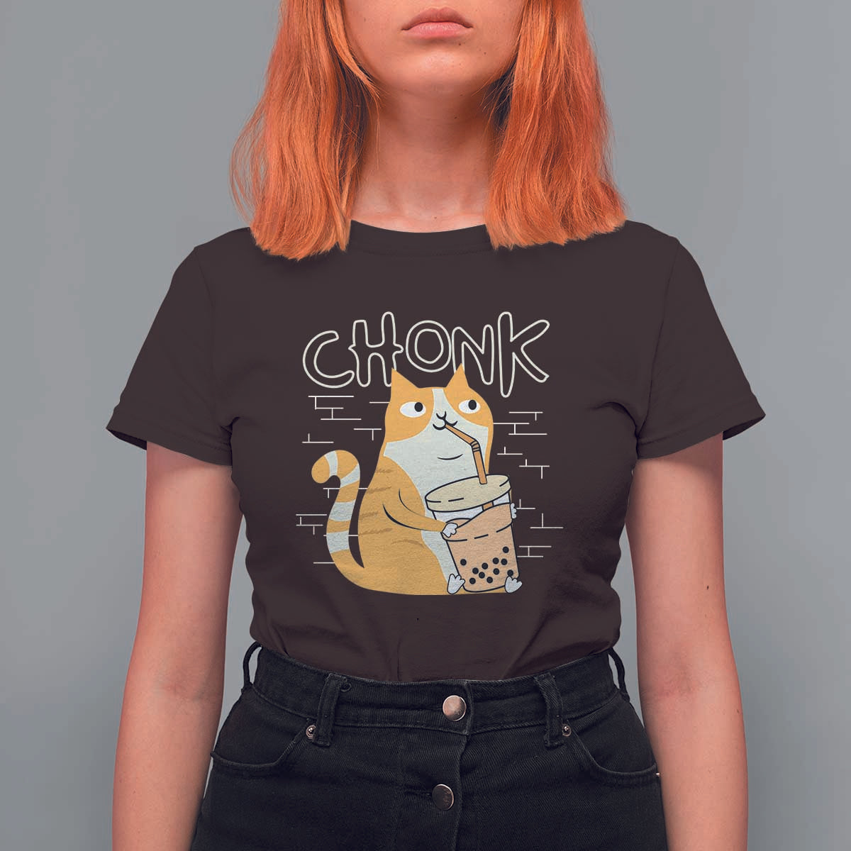 Funny Fat Cat T Shirt For Women Chonk Drinking Bubble Tea - Wonder Print Shop