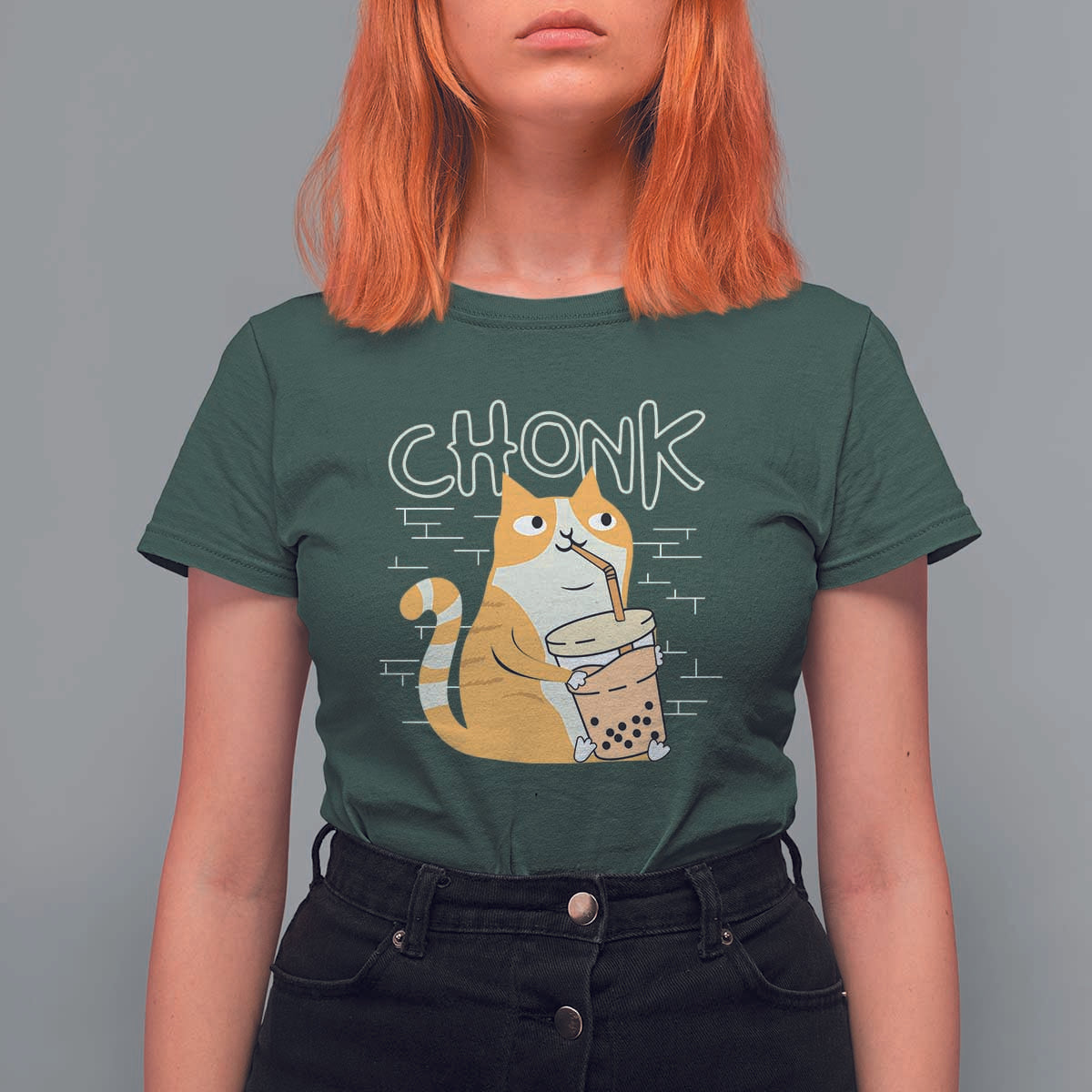 Funny Fat Cat T Shirt For Women Chonk Drinking Bubble Tea - Wonder Print Shop