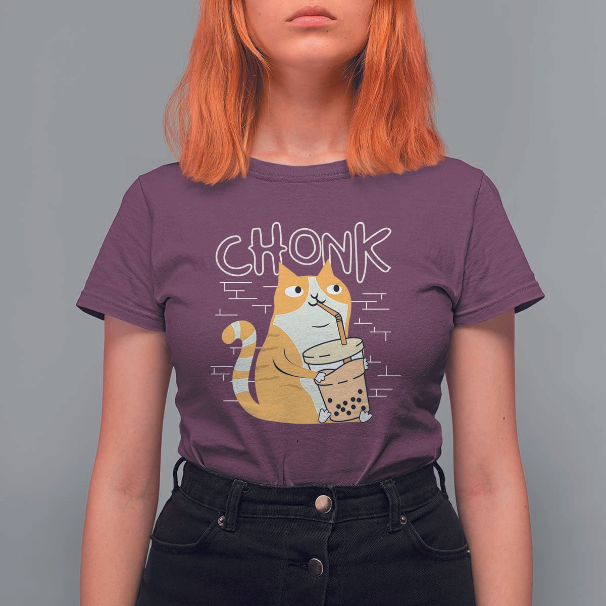 Funny Fat Cat T Shirt For Women Chonk Drinking Bubble Tea - Wonder Print Shop
