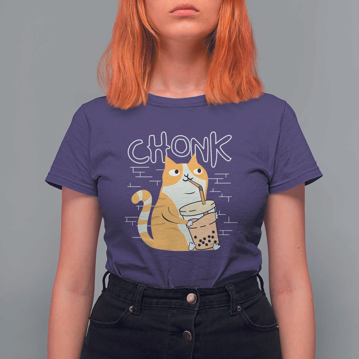 Funny Fat Cat T Shirt For Women Chonk Drinking Bubble Tea - Wonder Print Shop