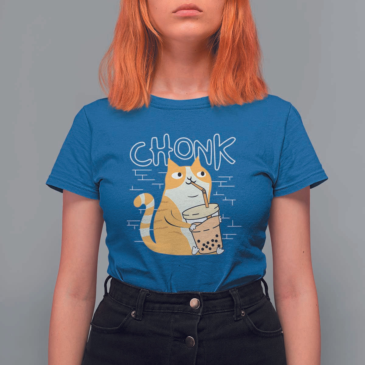 Funny Fat Cat T Shirt For Women Chonk Drinking Bubble Tea - Wonder Print Shop