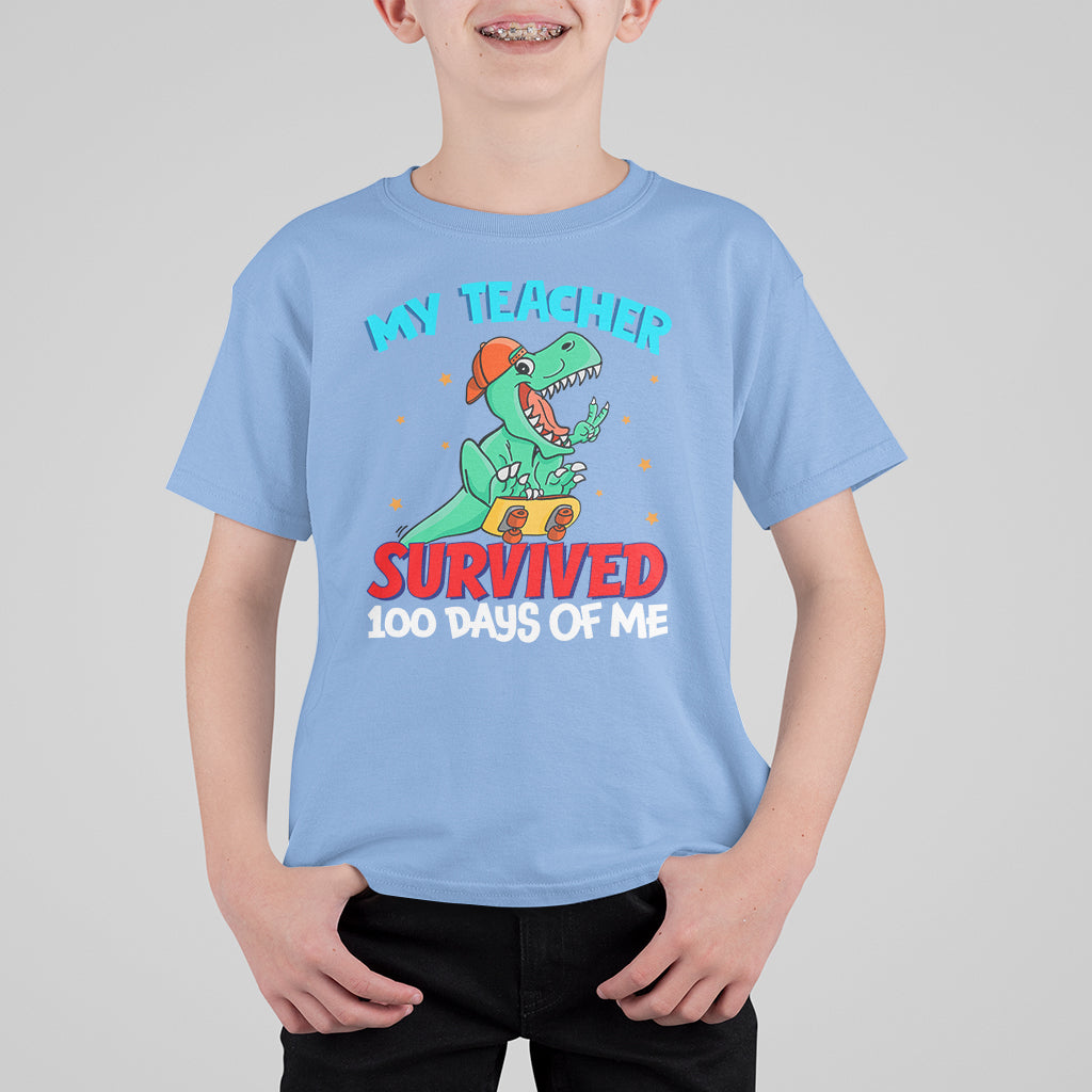 100th Day Of School T Shirt For Kid My Teacher Survived 100 Days Of Me Funny Dinosaur - Wonder Print Shop