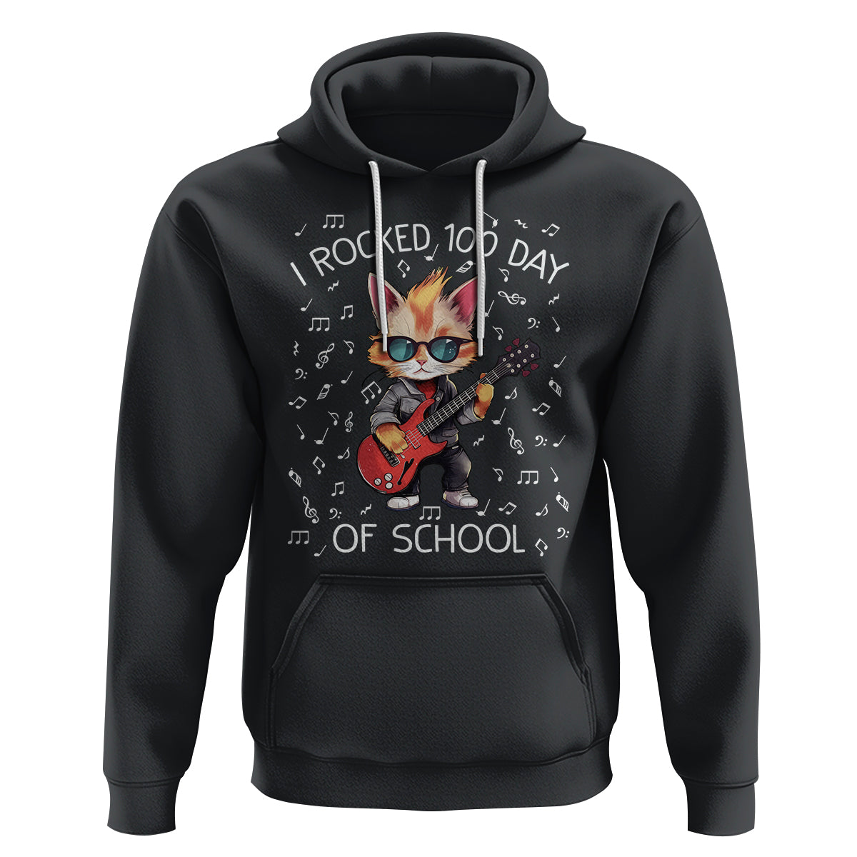 100th Day Of School Hoodie I Rocked 100 Days Funny Cat Play Guitar Rock Lover - Wonder Print Shop