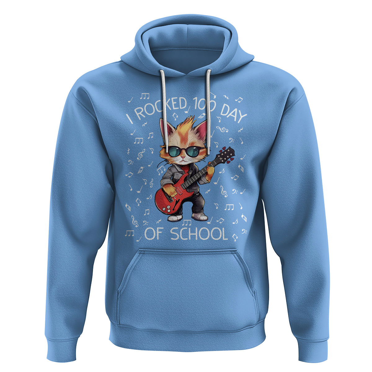 100th Day Of School Hoodie I Rocked 100 Days Funny Cat Play Guitar Rock Lover - Wonder Print Shop