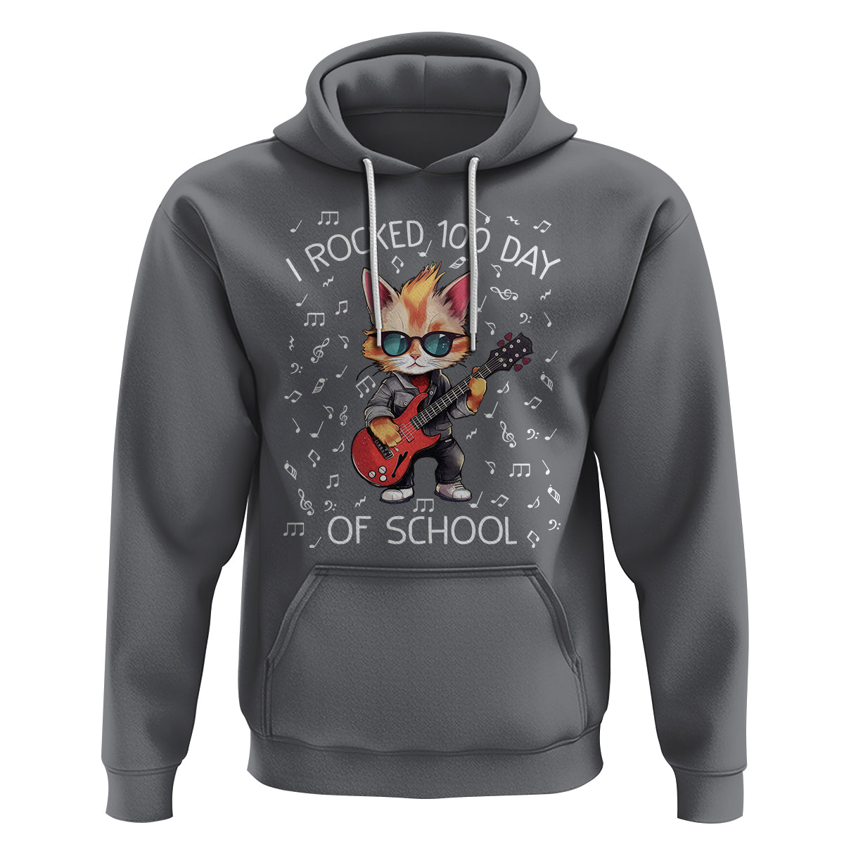 100th Day Of School Hoodie I Rocked 100 Days Funny Cat Play Guitar Rock Lover - Wonder Print Shop