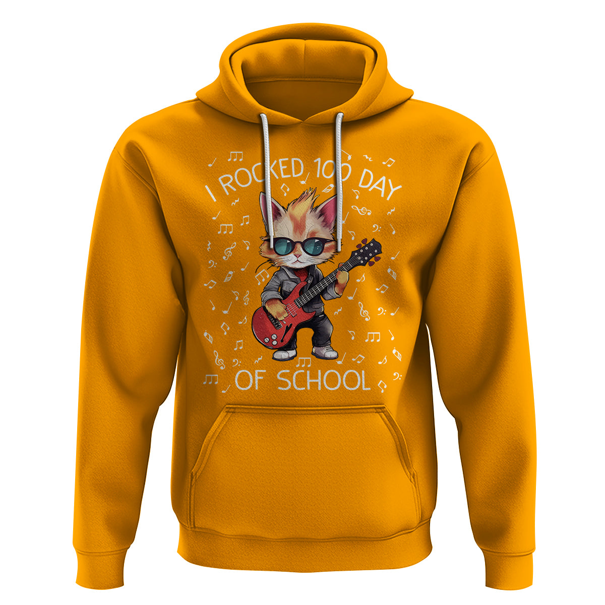 100th Day Of School Hoodie I Rocked 100 Days Funny Cat Play Guitar Rock Lover - Wonder Print Shop