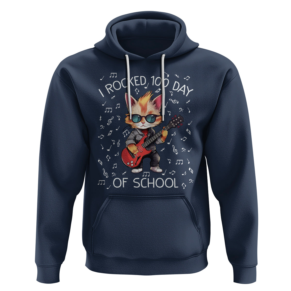 100th Day Of School Hoodie I Rocked 100 Days Funny Cat Play Guitar Rock Lover - Wonder Print Shop