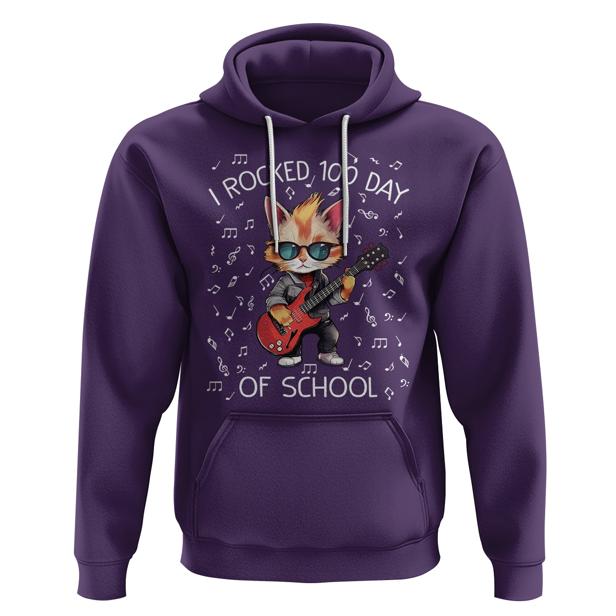 100th Day Of School Hoodie I Rocked 100 Days Funny Cat Play Guitar Rock Lover - Wonder Print Shop