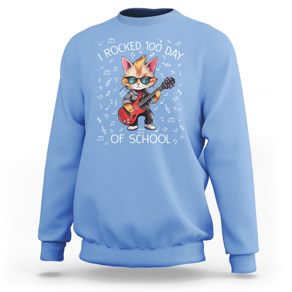 100th Day Of School Sweatshirt I Rocked 100 Days Funny Cat Play Guitar Rock Lover - Wonder Print Shop