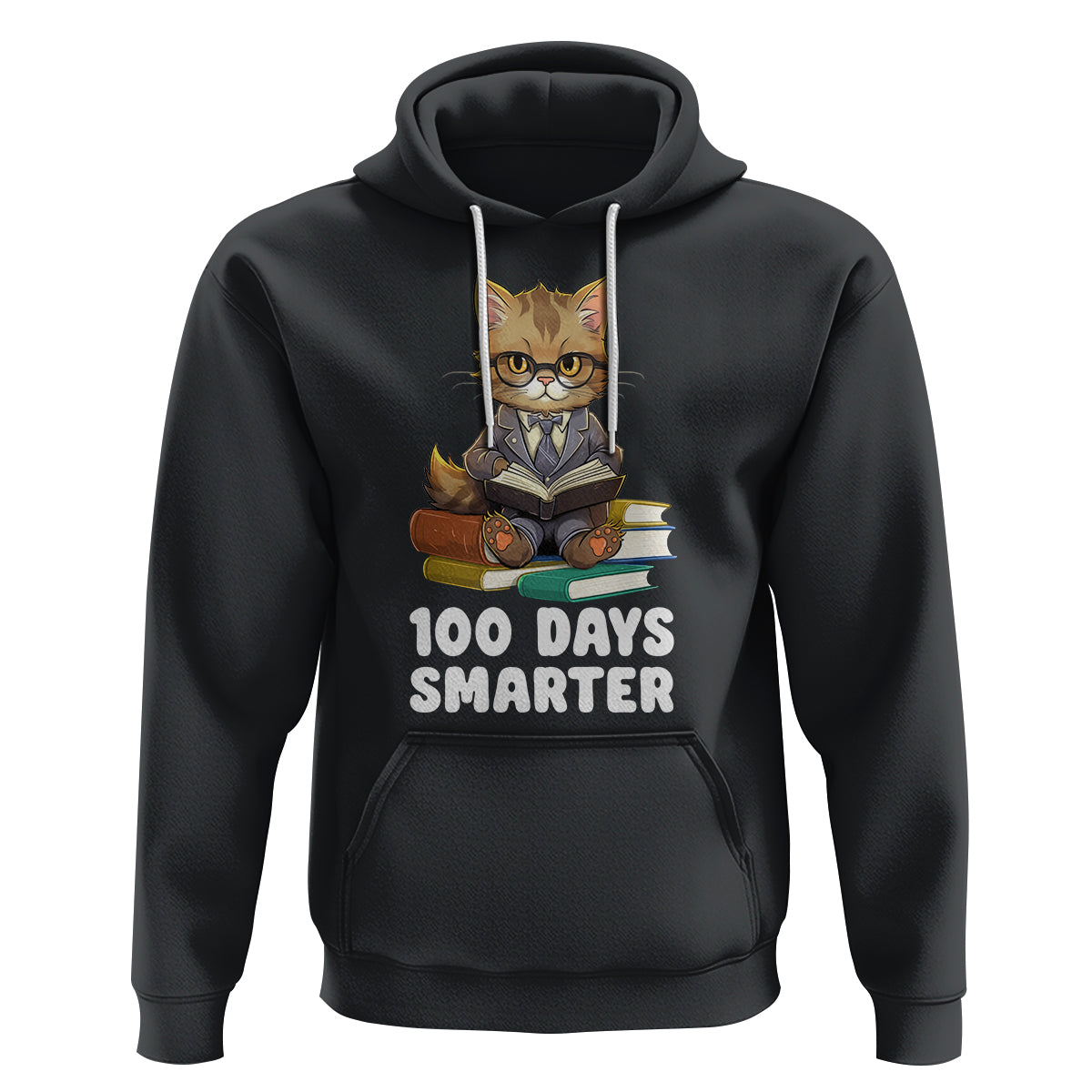 100th Day Of School Hoodie 100 Days Smarter Funny Kitty Cat Reading Book - Wonder Print Shop