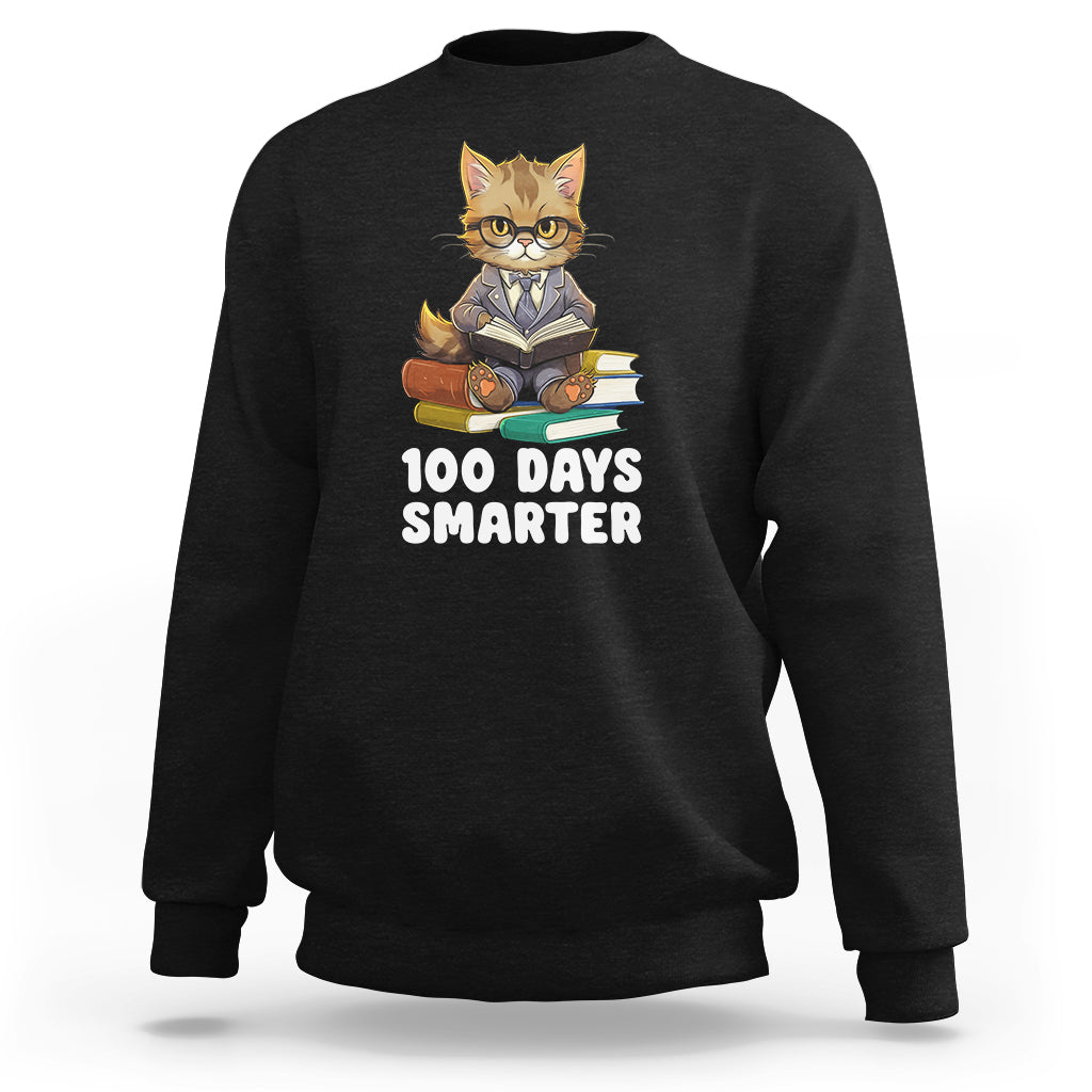 100th Day Of School Sweatshirt 100 Days Smarter Funny Kitty Cat Reading Book - Wonder Print Shop