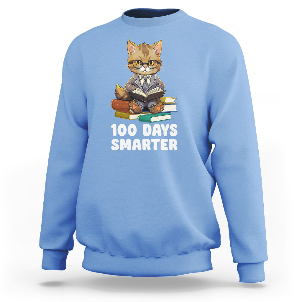 100th Day Of School Sweatshirt 100 Days Smarter Funny Kitty Cat Reading Book - Wonder Print Shop