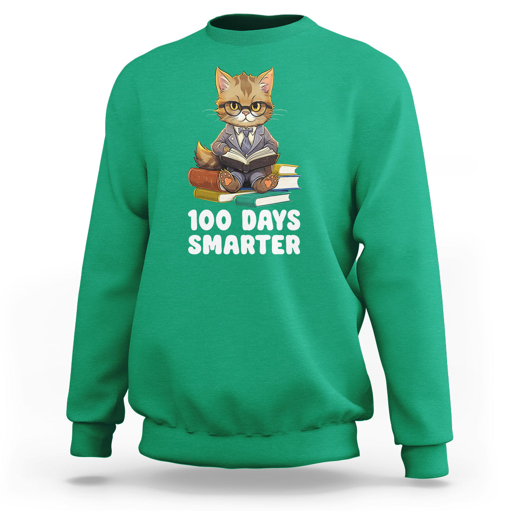 100th Day Of School Sweatshirt 100 Days Smarter Funny Kitty Cat Reading Book - Wonder Print Shop
