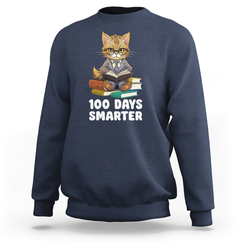 100th Day Of School Sweatshirt 100 Days Smarter Funny Kitty Cat Reading Book - Wonder Print Shop