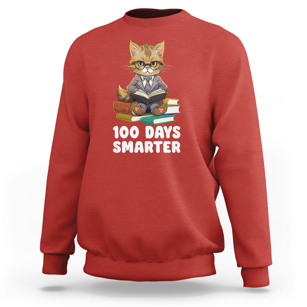 100th Day Of School Sweatshirt 100 Days Smarter Funny Kitty Cat Reading Book - Wonder Print Shop