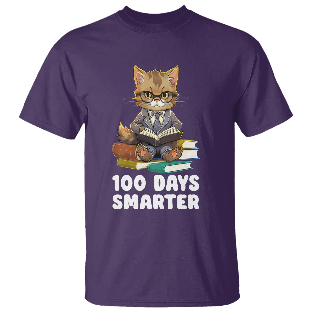 100th Day Of School T Shirt 100 Days Smarter Funny Kitty Cat Reading Book - Wonder Print Shop