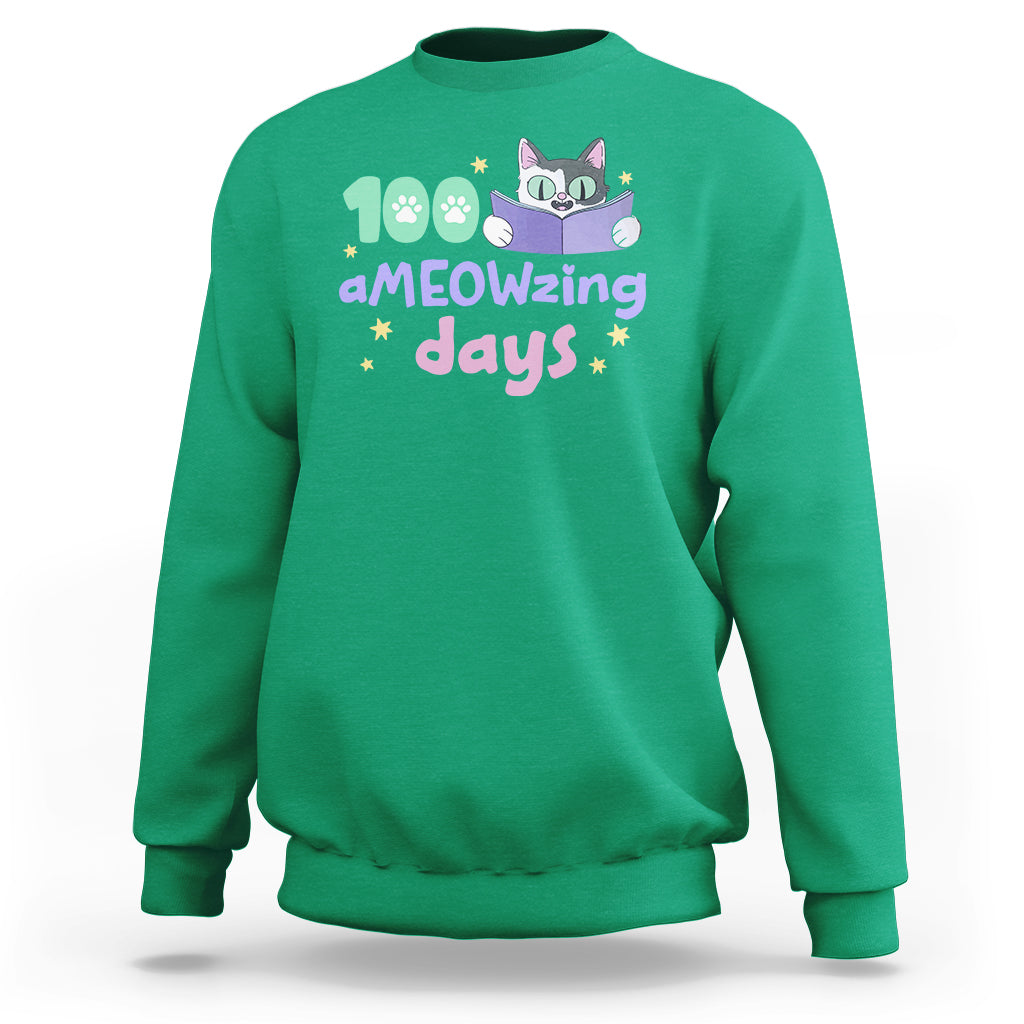 100th Day Of School Sweatshirt 100 Ameowzing Days Cute Cat Reading Book - Wonder Print Shop