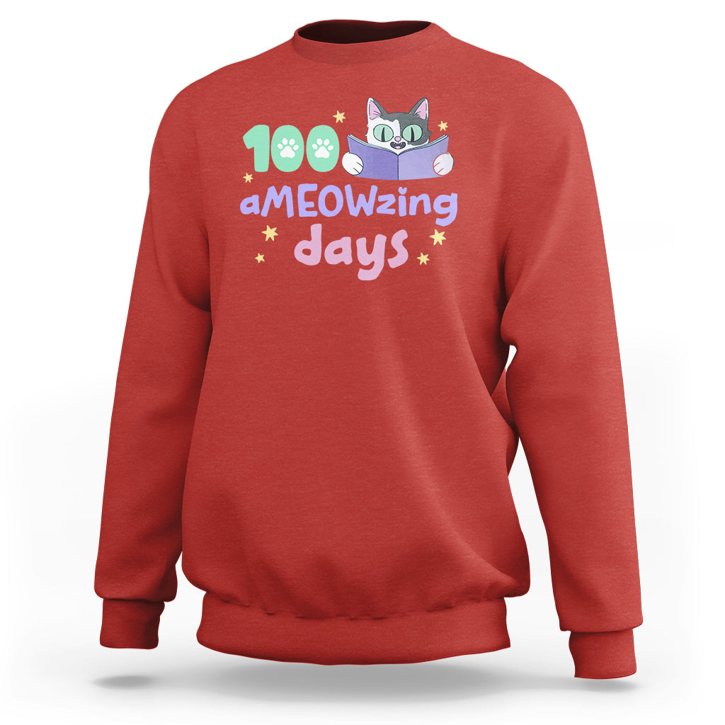 100th Day Of School Sweatshirt 100 Ameowzing Days Cute Cat Reading Book - Wonder Print Shop