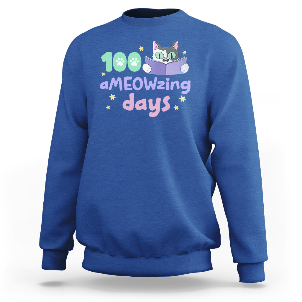100th Day Of School Sweatshirt 100 Ameowzing Days Cute Cat Reading Book - Wonder Print Shop