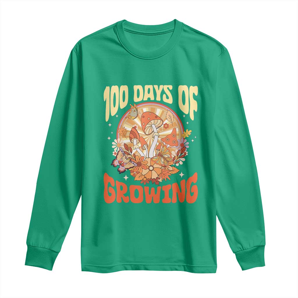 100th Day Of School Teacher Long Sleeve Shirt 100 Days Of Growing Retro Groovy Mushroom