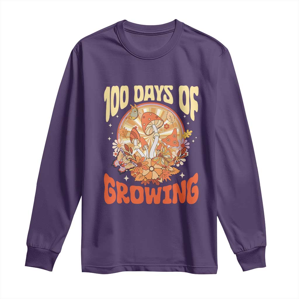 100th Day Of School Teacher Long Sleeve Shirt 100 Days Of Growing Retro Groovy Mushroom