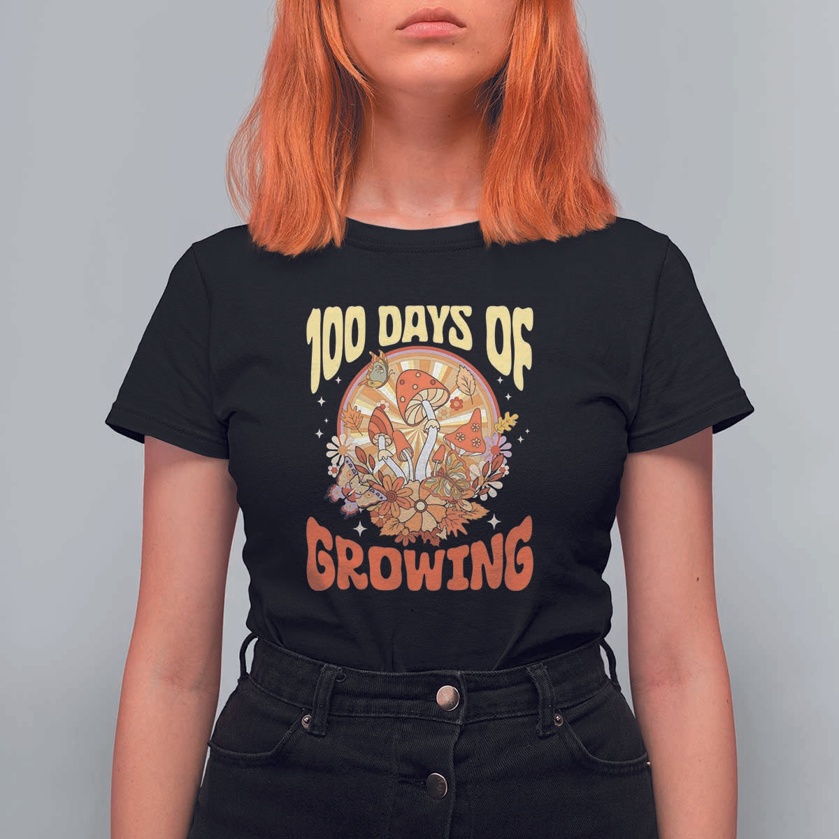 100th Day Of School Teacher T Shirt For Women 100 Days Of Growing Retro Groovy Mushroom
