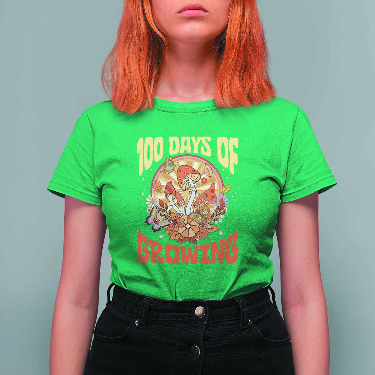 100th Day Of School Teacher T Shirt For Women 100 Days Of Growing Retro Groovy Mushroom