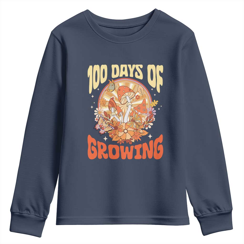100th Day Of School Teacher Youth Sweatshirt 100 Days Of Growing Retro Groovy Mushroom