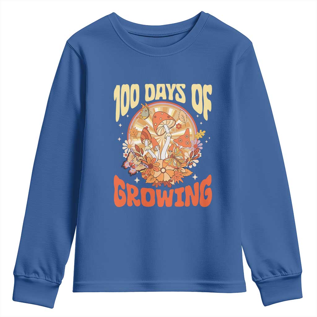 100th Day Of School Teacher Youth Sweatshirt 100 Days Of Growing Retro Groovy Mushroom