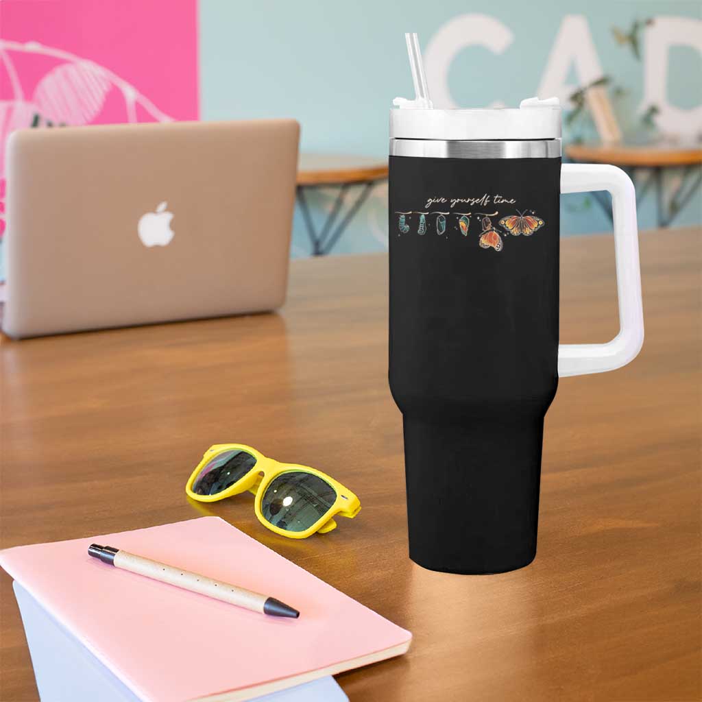 Inspirational Quote Tumbler With Handle Give Yourself Time Butterfly Motivational