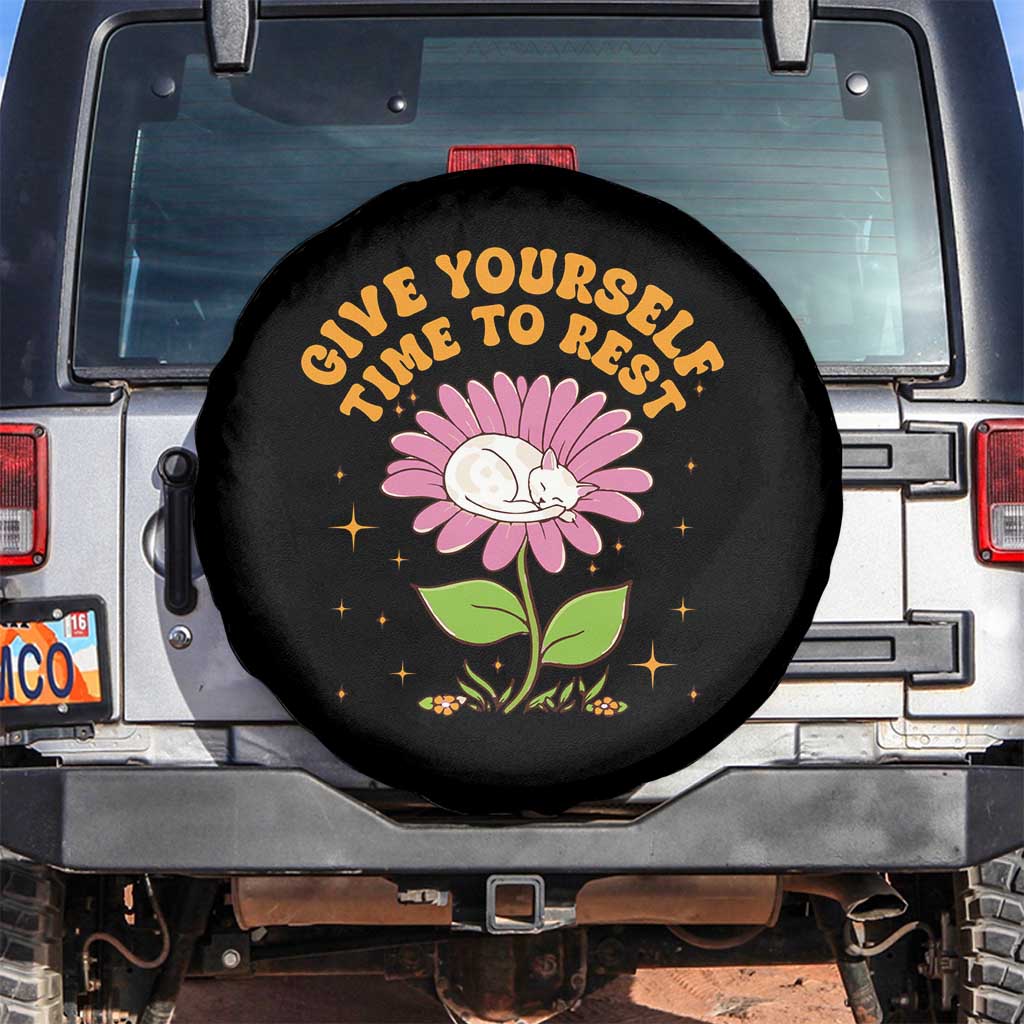 Give Yourself Time To Rest Spare Tire Cover Cute Cat Sleep Mental Health
