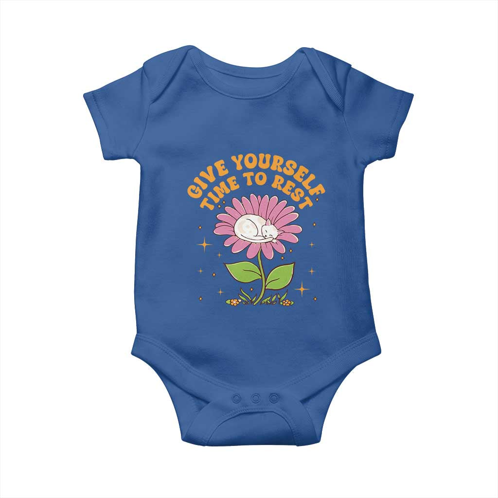 Give Yourself Time To Rest Baby Onesie Cute Cat Sleep Mental Health