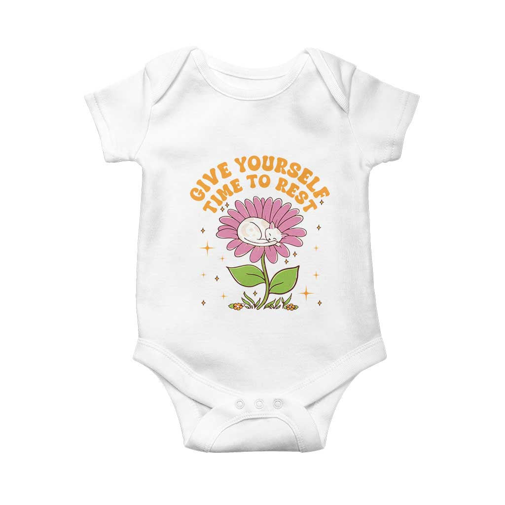 Give Yourself Time To Rest Baby Onesie Cute Cat Sleep Mental Health