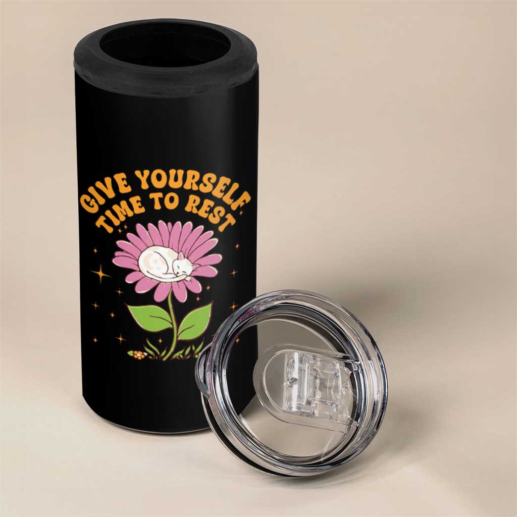 Give Yourself Time To Rest 4 in 1 Can Cooler Tumbler Cute Cat Sleep Mental Health