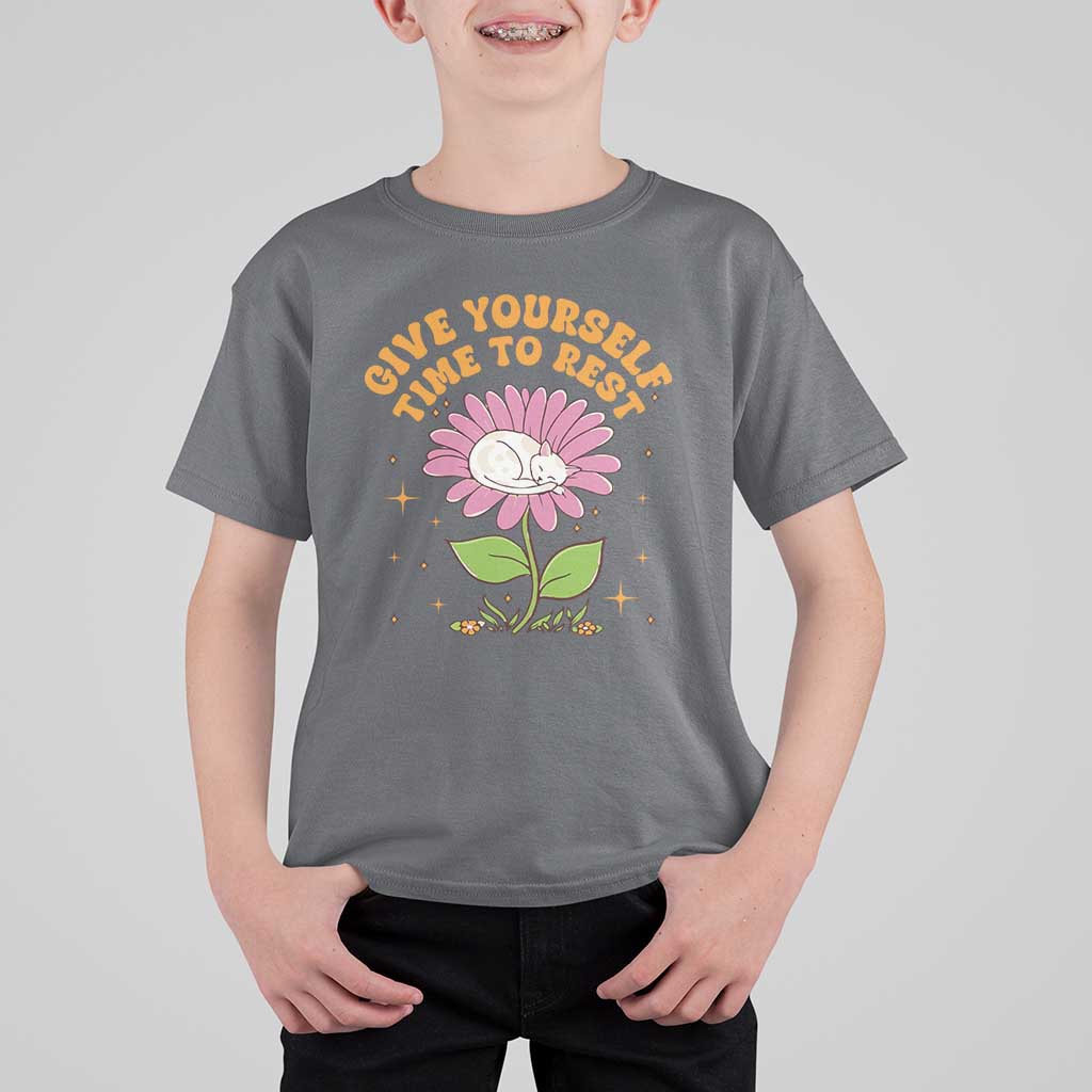 Give Yourself Time To Rest T Shirt For Kid Cute Cat Sleep Mental Health