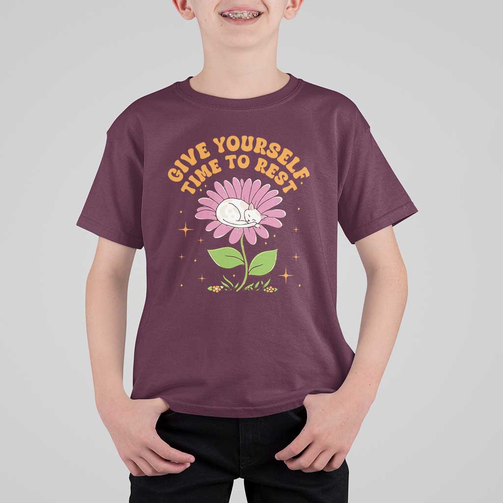 Give Yourself Time To Rest T Shirt For Kid Cute Cat Sleep Mental Health