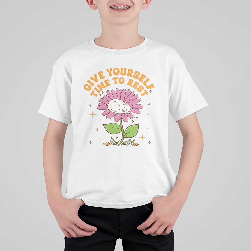Give Yourself Time To Rest T Shirt For Kid Cute Cat Sleep Mental Health