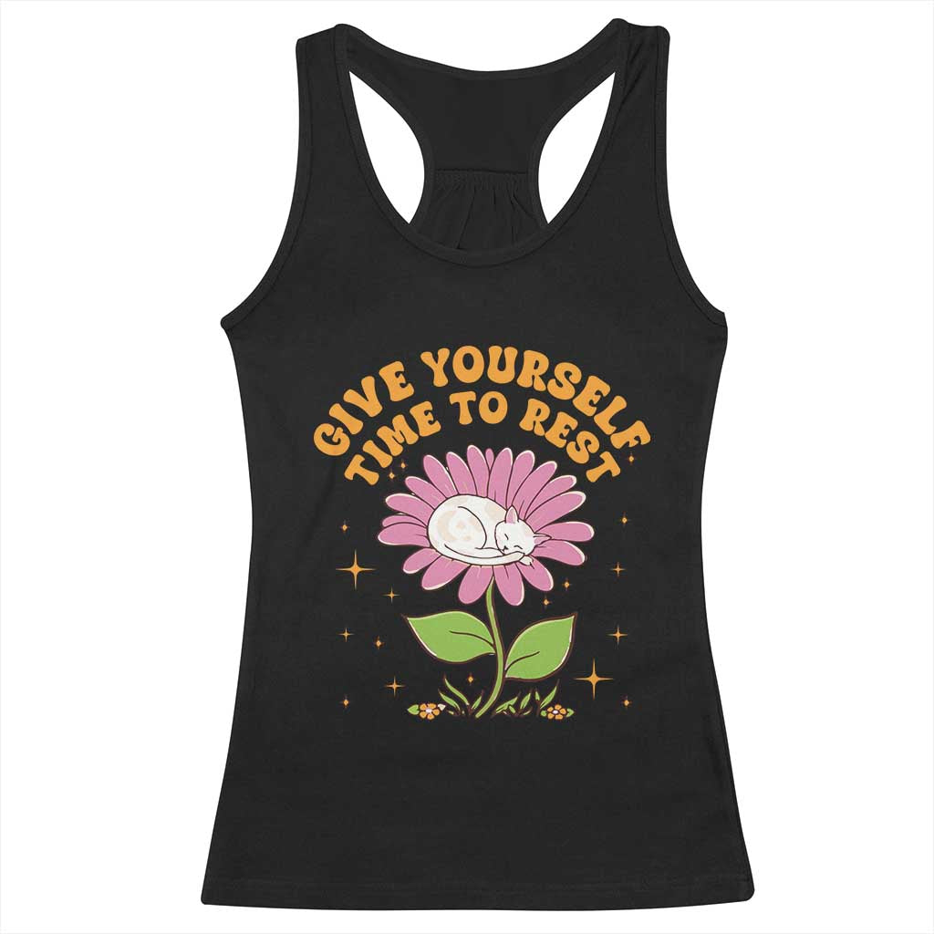 Give Yourself Time To Rest Racerback Tank Top Cute Cat Sleep Mental Health