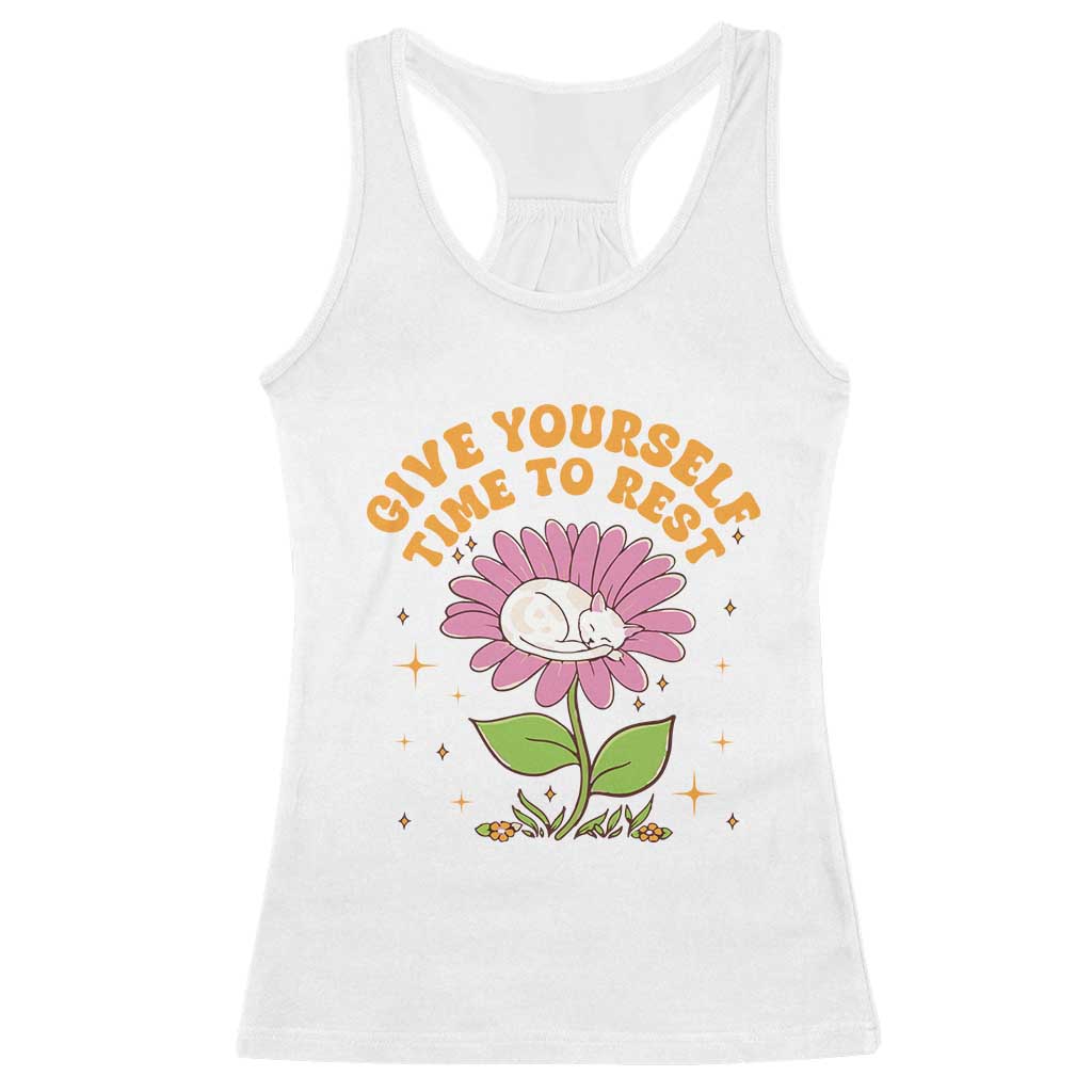Give Yourself Time To Rest Racerback Tank Top Cute Cat Sleep Mental Health