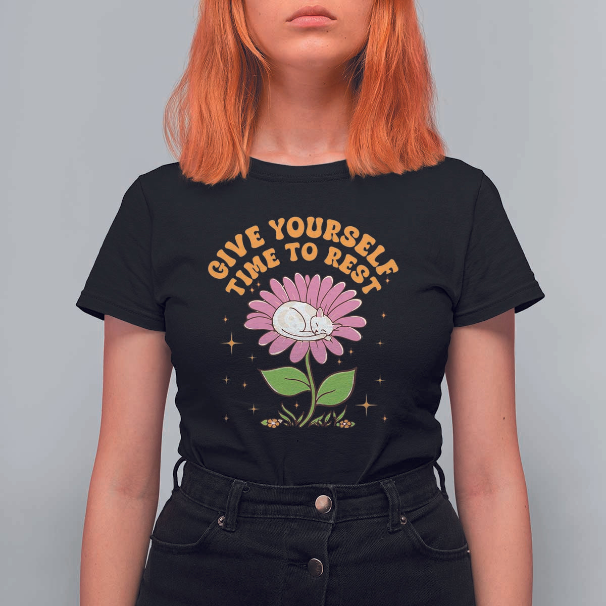 Give Yourself Time To Rest T Shirt For Women Cute Cat Sleep Mental Health