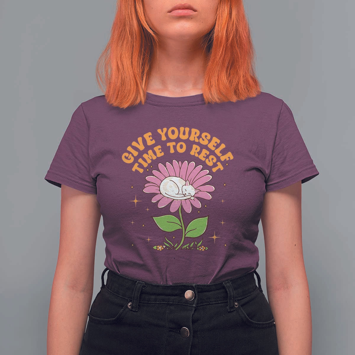 Give Yourself Time To Rest T Shirt For Women Cute Cat Sleep Mental Health