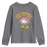 Give Yourself Time To Rest Youth Sweatshirt Cute Cat Sleep Mental Health